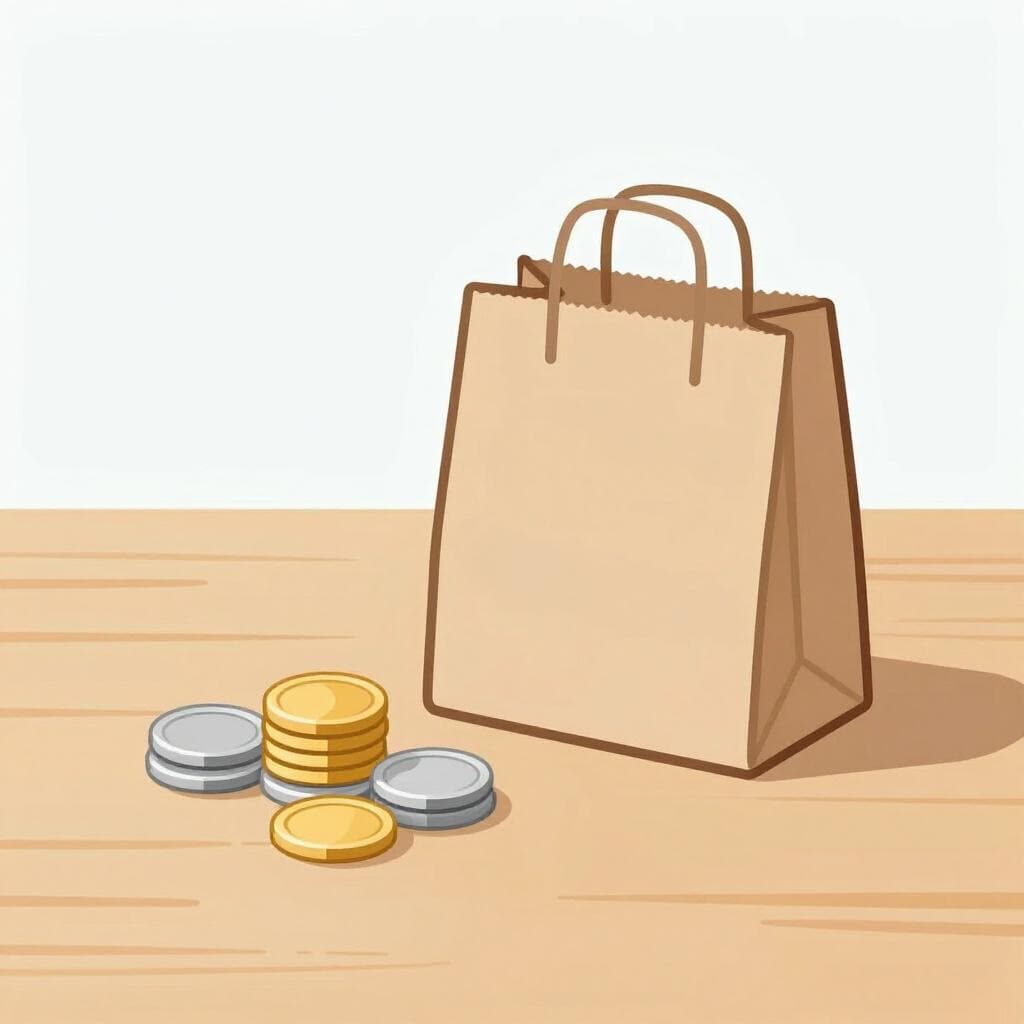 Un sac en papier brun simple avec une petite pile de pièces brillantes à côté sur une table en bois.