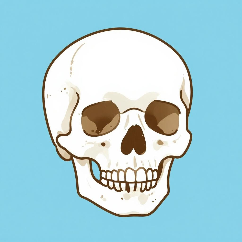 Una calavera umana pulita e bianca al centro su uno sfondo blu tenue.