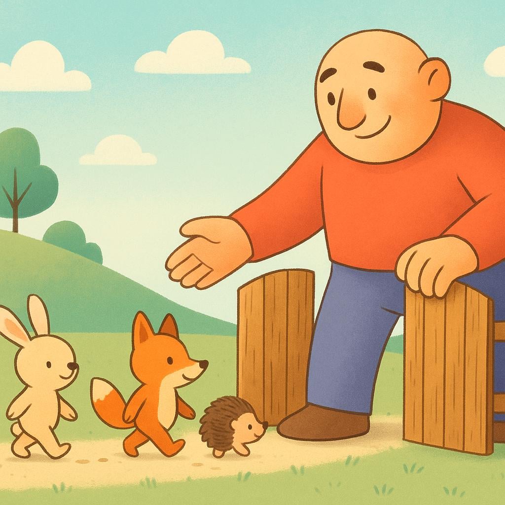 A colorful storybook illustration showing a large, friendly character holding open a simple wooden gate, allowing three smaller characters to walk unimpeded through the opening.