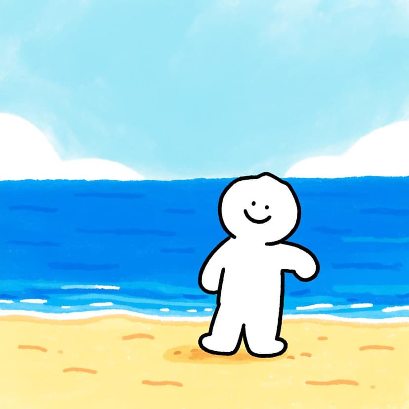 A friendly figure smiling while standing firmly on a sunny, sandy beach next to the blue ocean, representing being at a location.