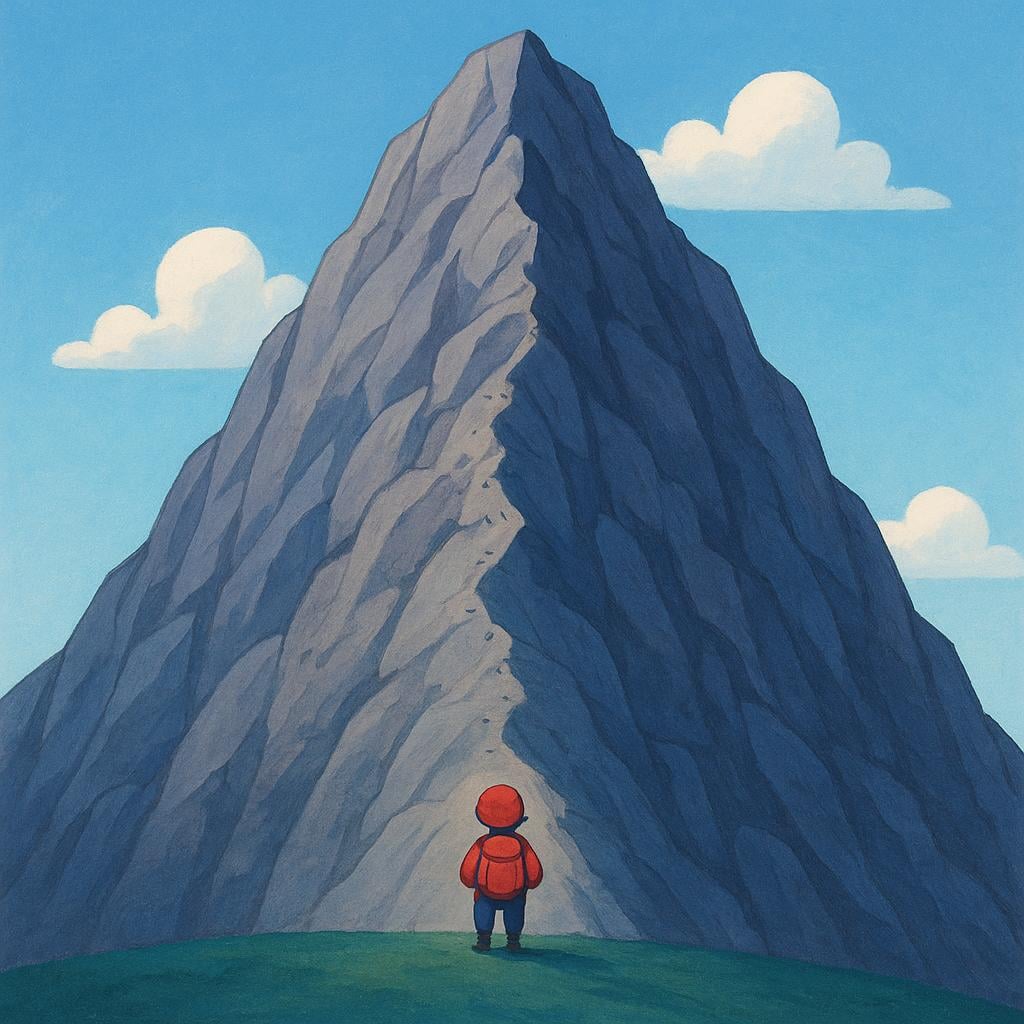 A tiny character standing at the base of a massive, extremely steep, rocky mountain, suggesting a very small chance or possibility of reaching the top.