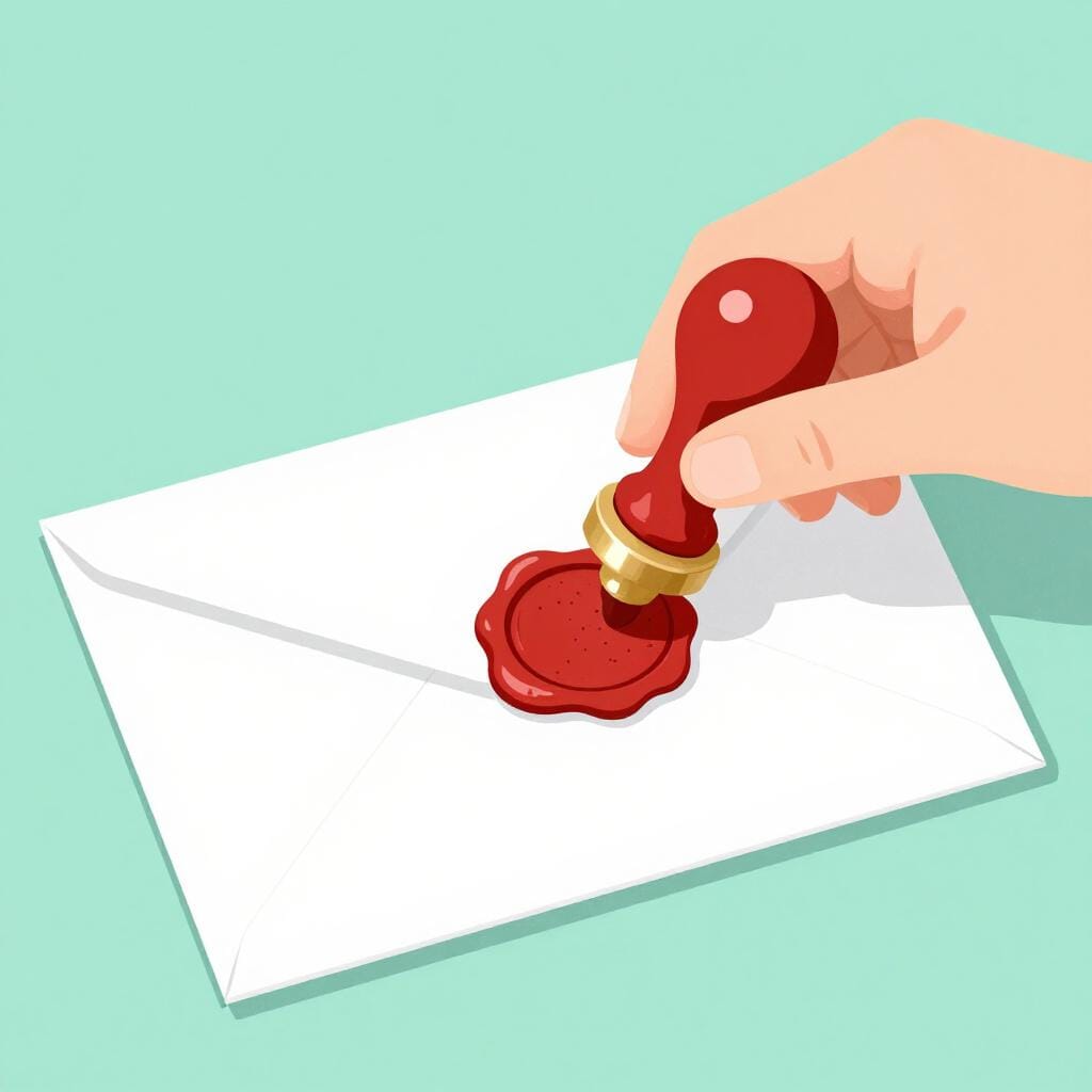 A hand pressing a red wax seal onto the back of a white envelope.