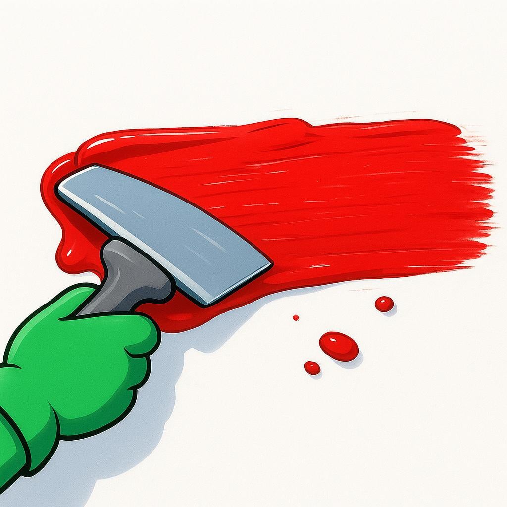 A gloved hand actively using a wide, flat tool to spread a thick layer of bright red mud or paint horizontally across a light brown surface, illustrating the action of smearing.