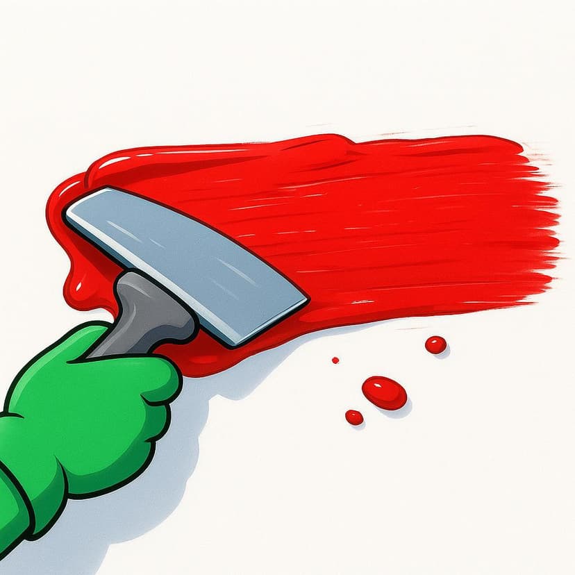 A gloved hand actively using a wide, flat tool to spread a thick layer of bright red mud or paint horizontally across a light brown surface, illustrating the action of smearing.