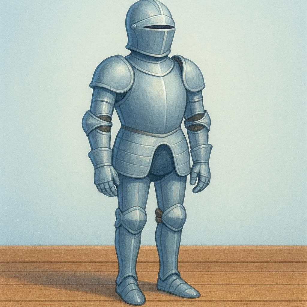 Une armure médiévale complète, brillante et argentée, debout sur une surface simple.