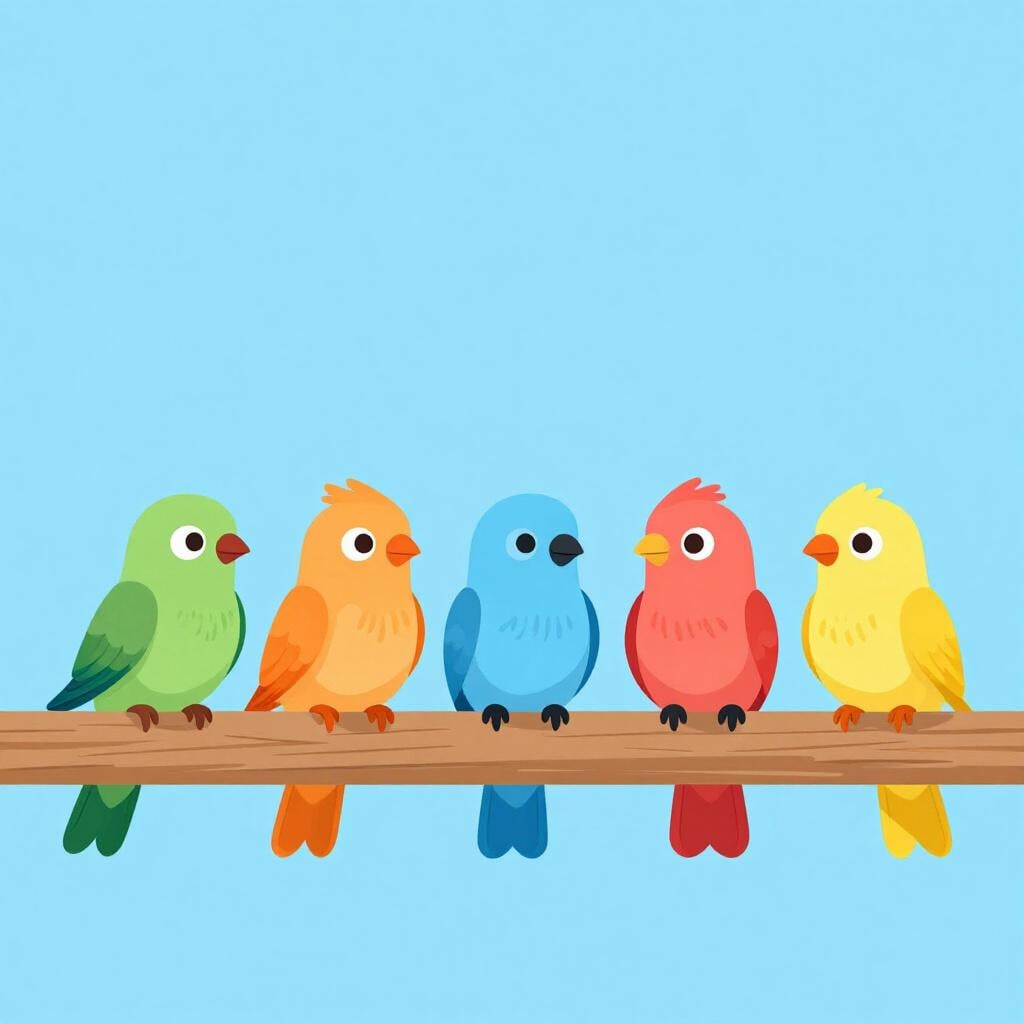 A row of colorful birds sitting side by side on a wooden fence.
