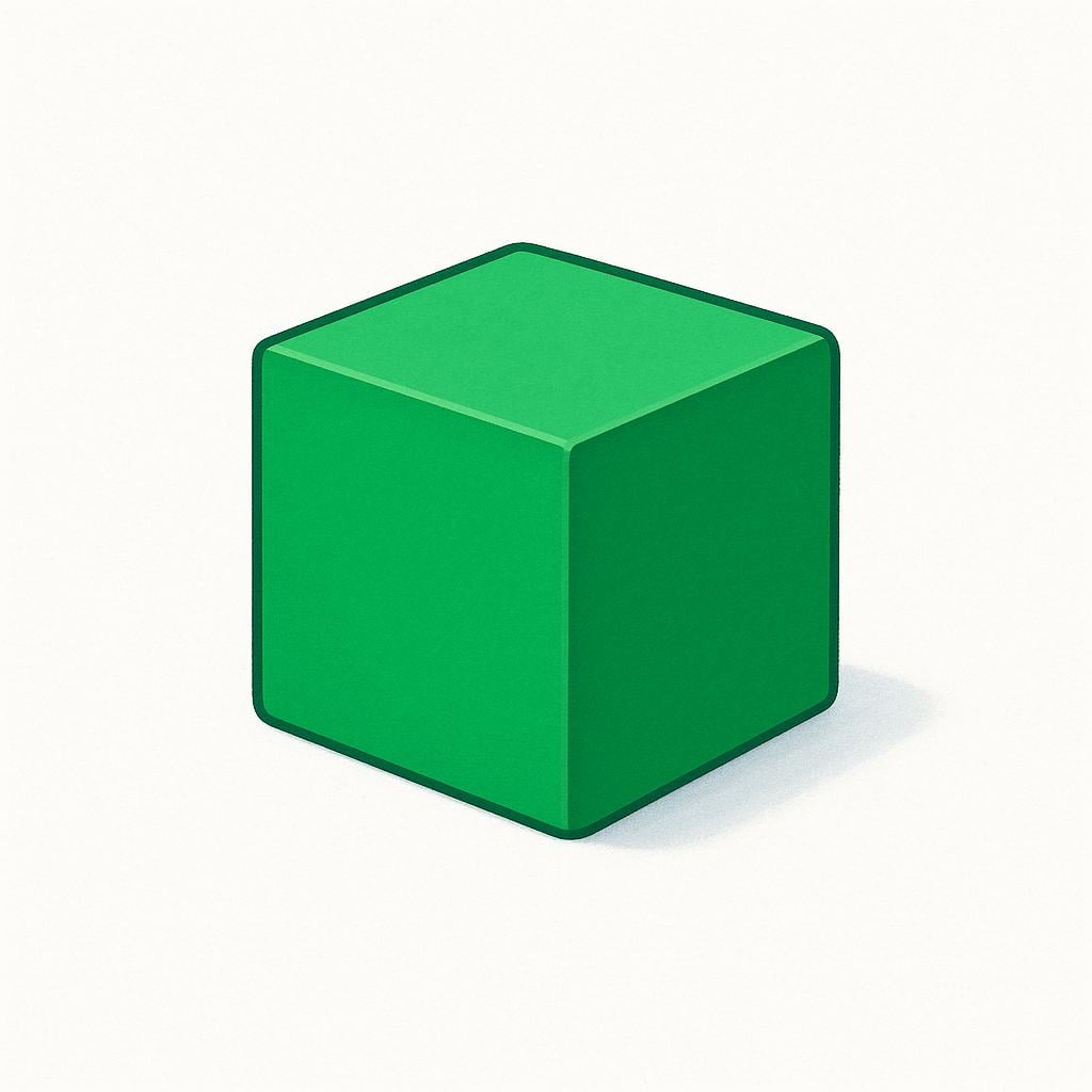 A solitary, smooth green cube sitting on a flat surface, representing a standard unit of measure.