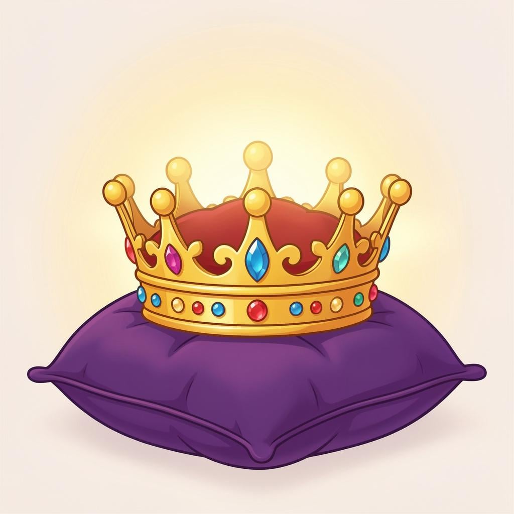 A majestic golden crown resting on a velvet cushion surrounded by a glowing light.