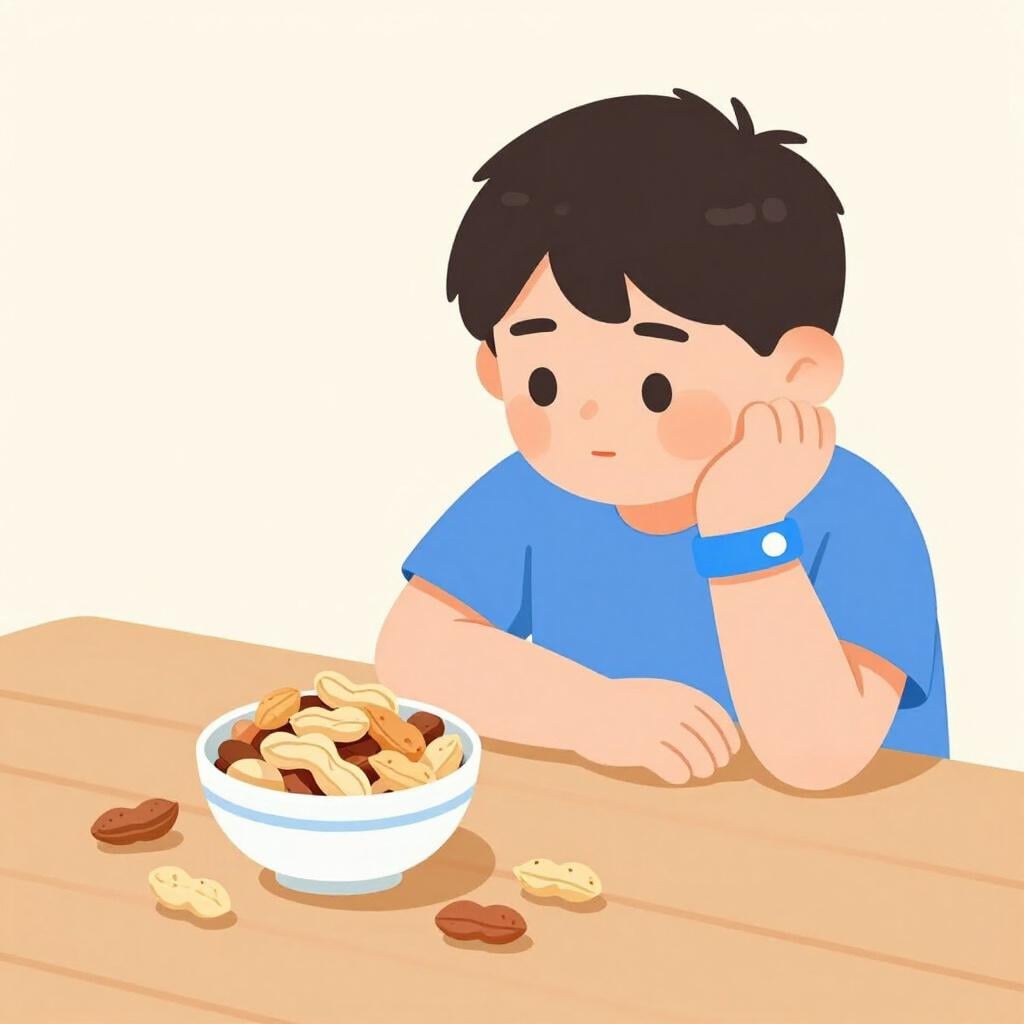 A person wearing a medical alert bracelet looking at a bowl of peanuts with a worried expression.