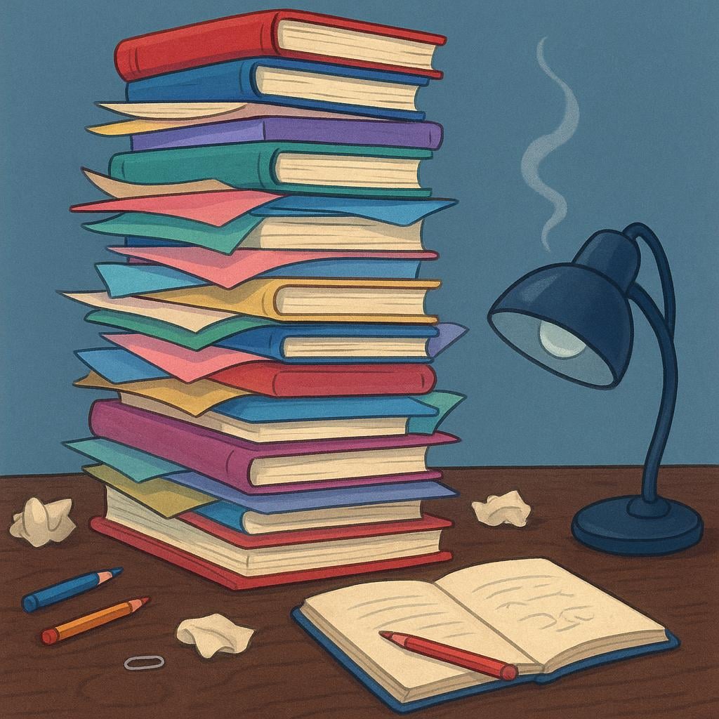 A close-up of a massive stack of colorful papers and books piled high on a desk, with a single extinguished lamp next to it, suggesting the unseen person is extremely busy.
