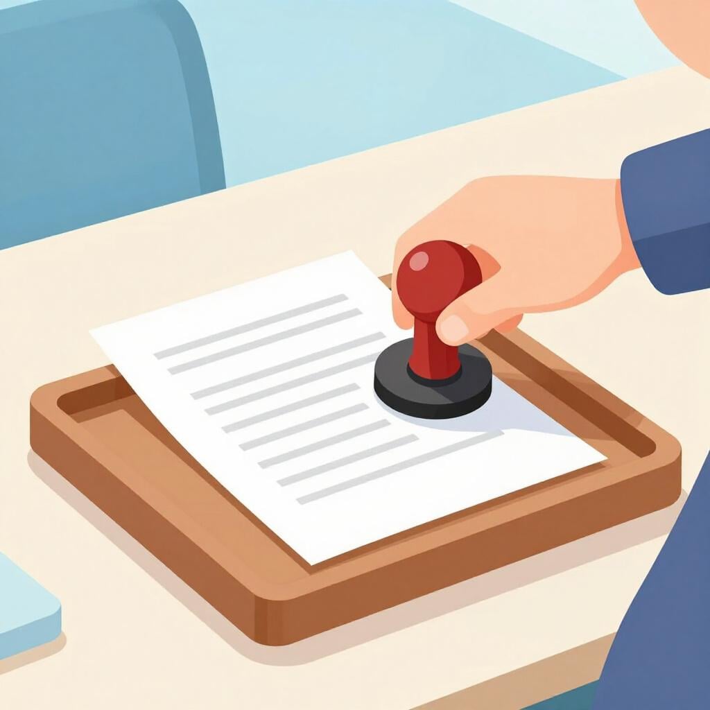 A person handing a neatly organized stack of papers to a clerk behind a wooden desk.