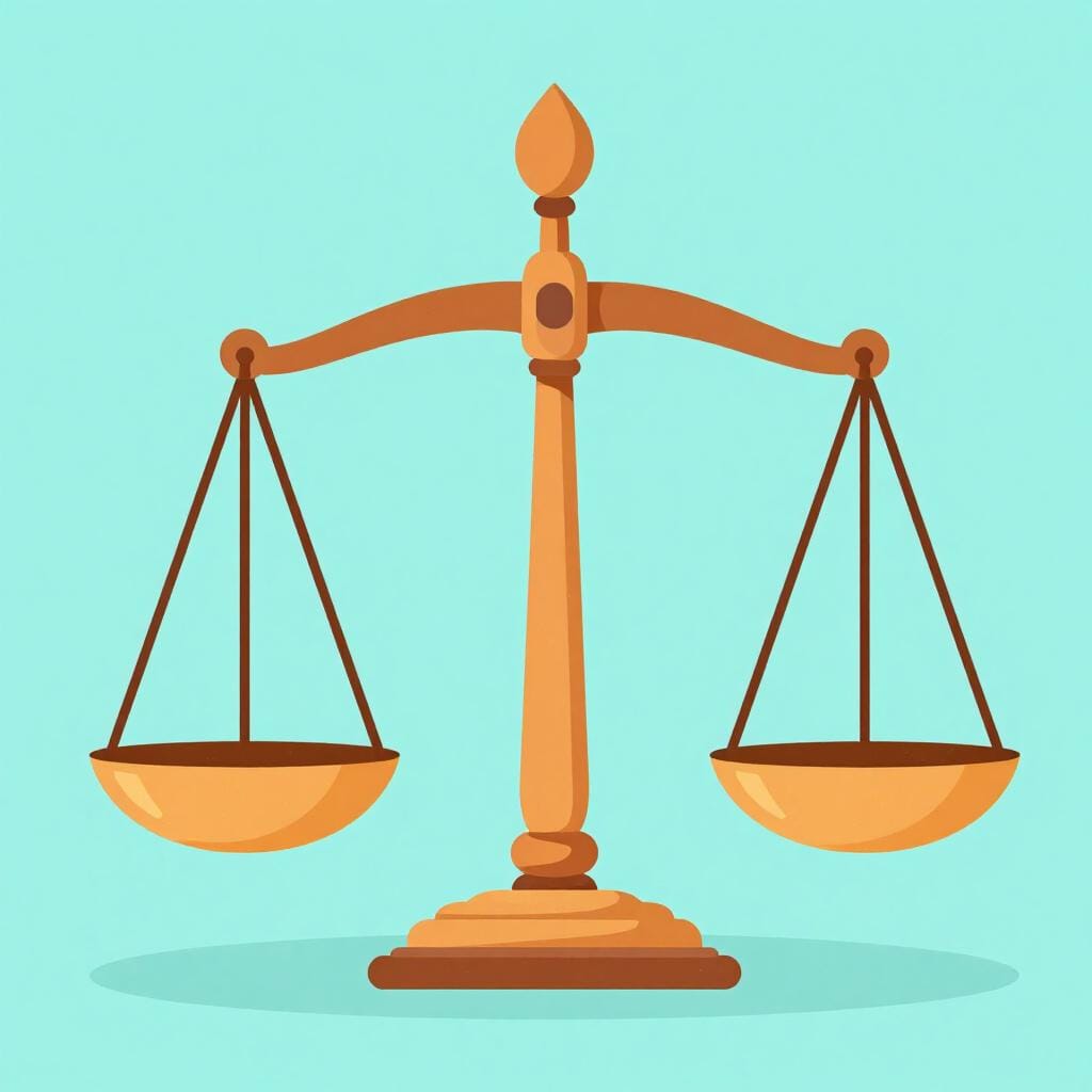 A simple, perfectly balanced scale of justice resting on a pedestal, symbolizing equality and legal entitlements.