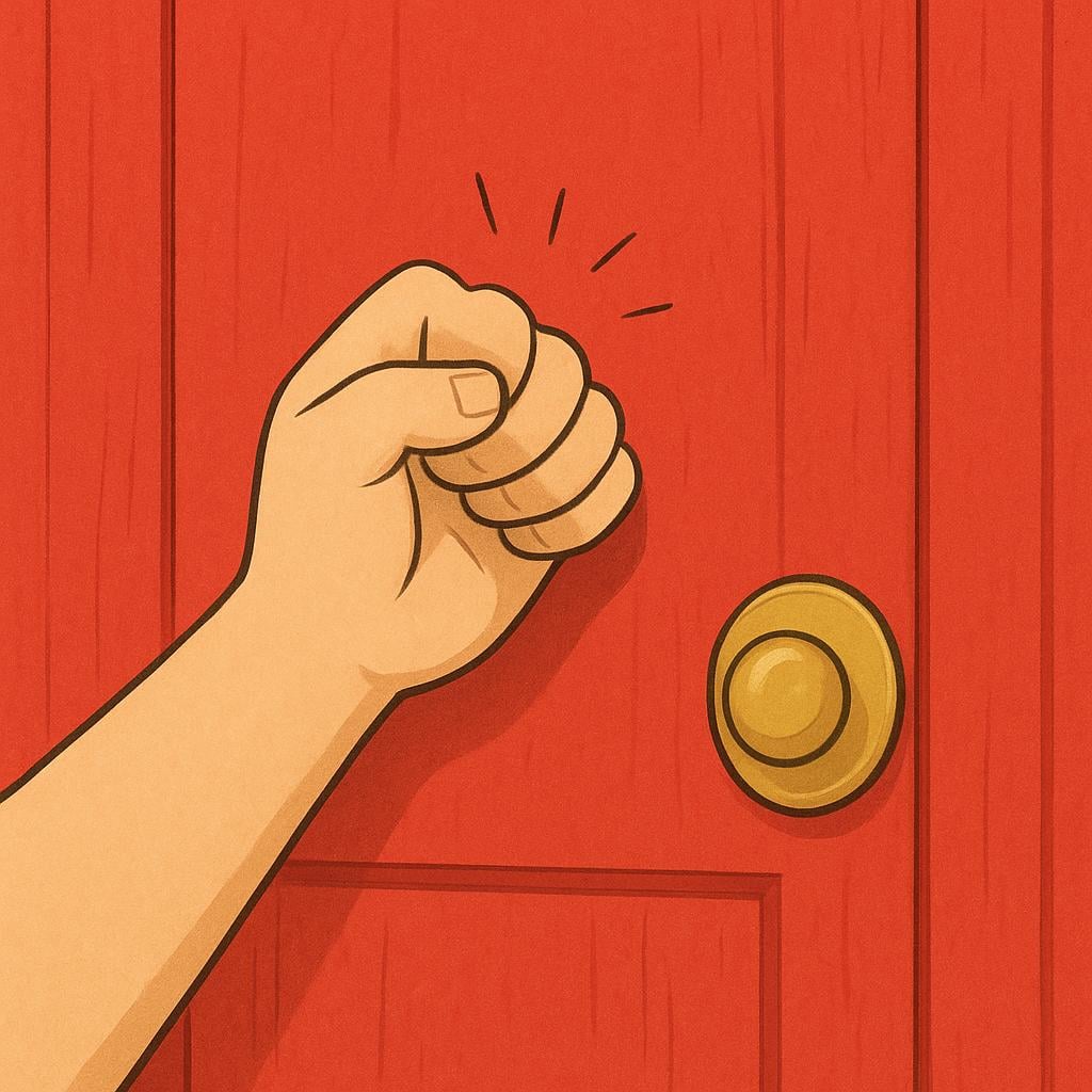 A close-up view of a person's hand making a decisive rap on a solid wooden door, showing the action of knocking.