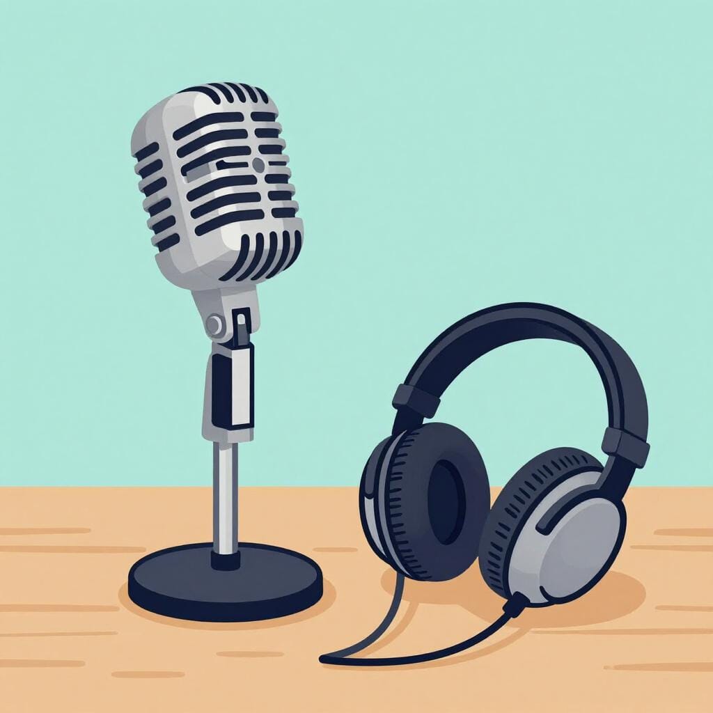 A classic microphone standing on a wooden desk next to a pair of large headphones.