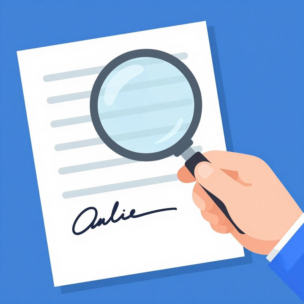 A hand holding a magnifying glass over a messy signature on a piece of paper.