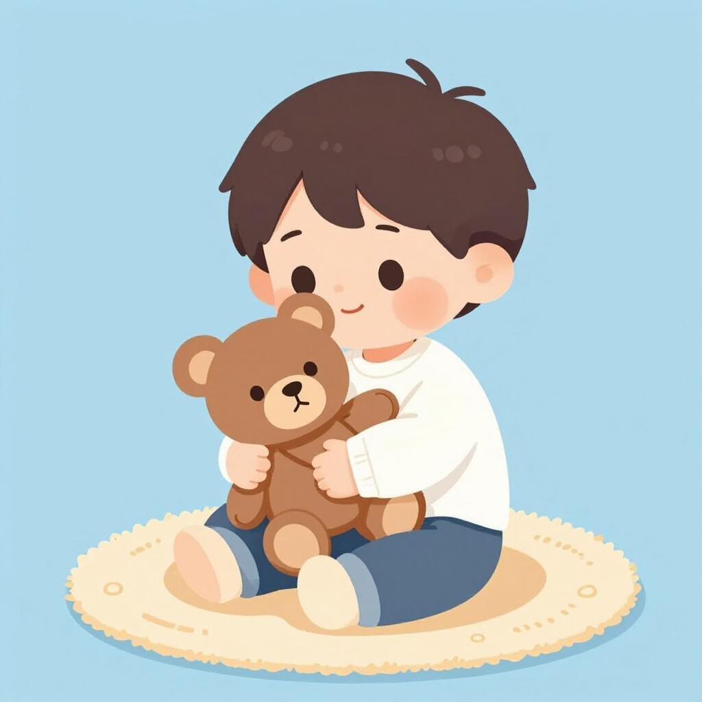 A happy child sitting on a rug and holding a fluffy teddy bear tightly in their arms.