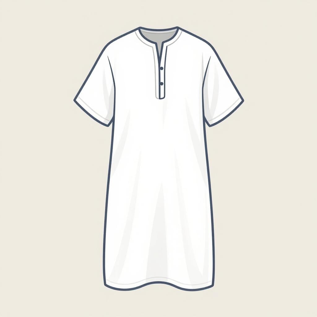 Un vêtement simple, long et blanc en lin avec des manches courtes, présenté sur un portant en bois.