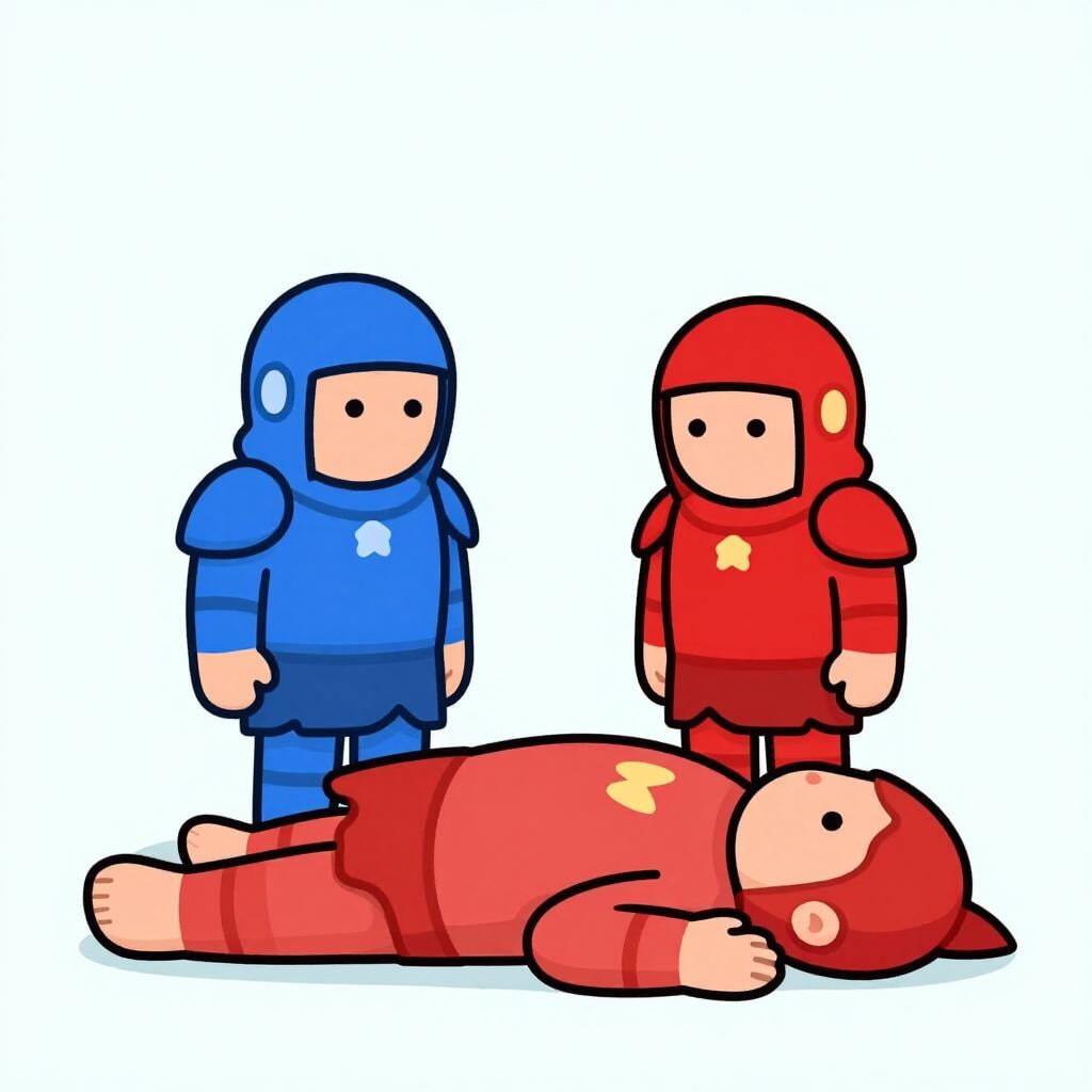 Two victorious cartoon heroes, dressed in colorful armor, stand over a large, still, defeated monster.