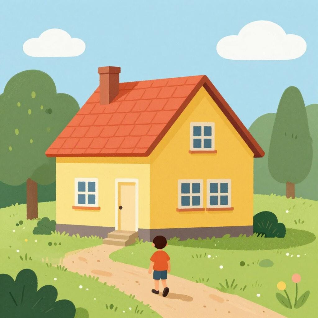 A small figure walking on a path towards a colorful, welcoming house, illustrating the concept of returning or going back to a place.