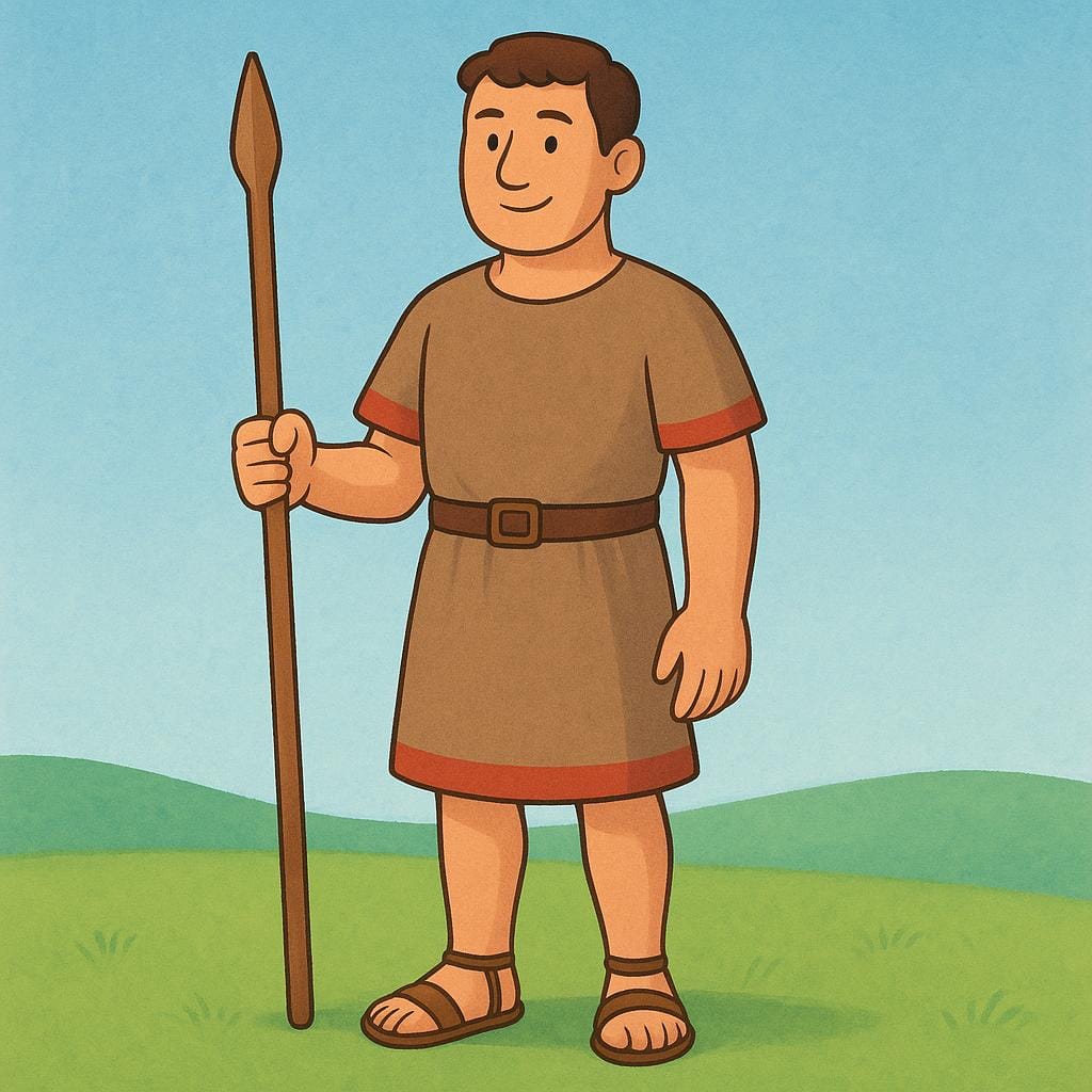 A storybook illustration of a man standing firmly while holding a wooden spear.
