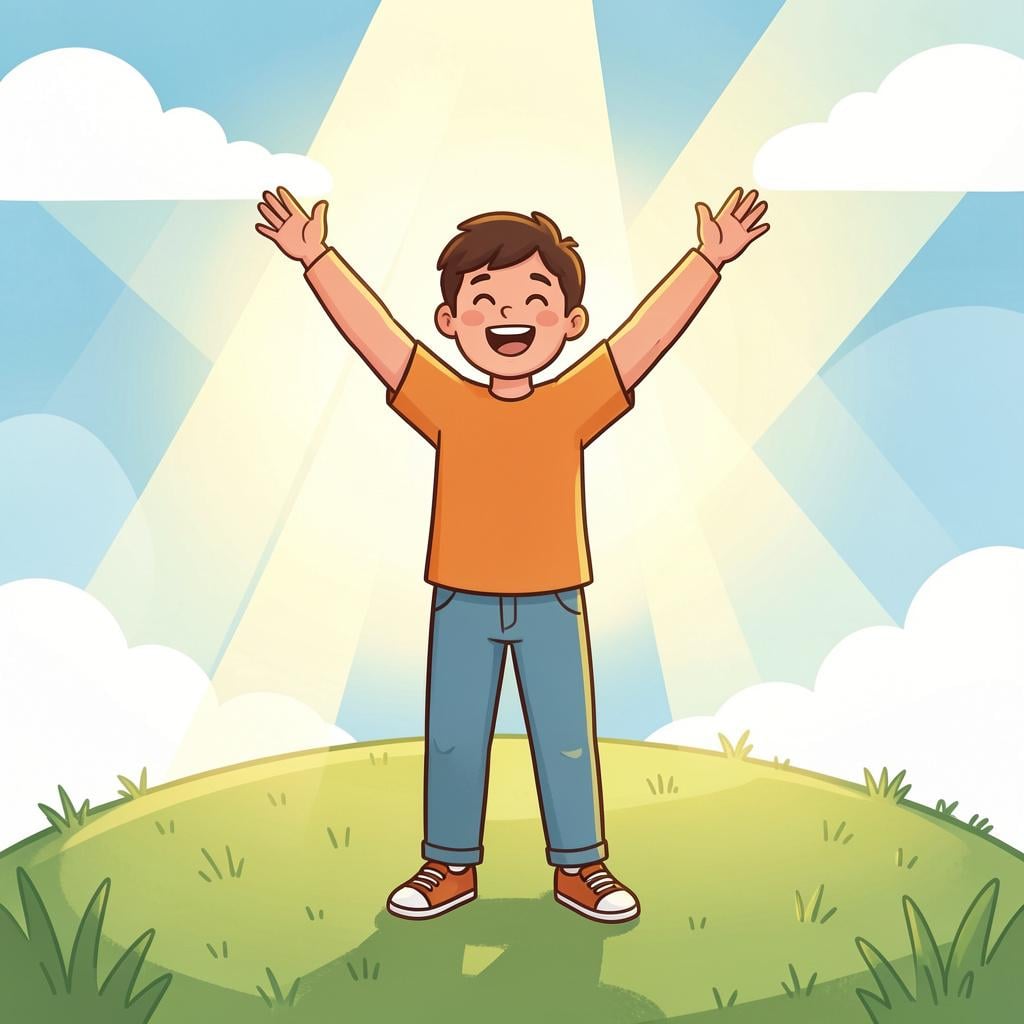 A person with arms raised high and a joyful expression, surrounded by bright sunbeams.