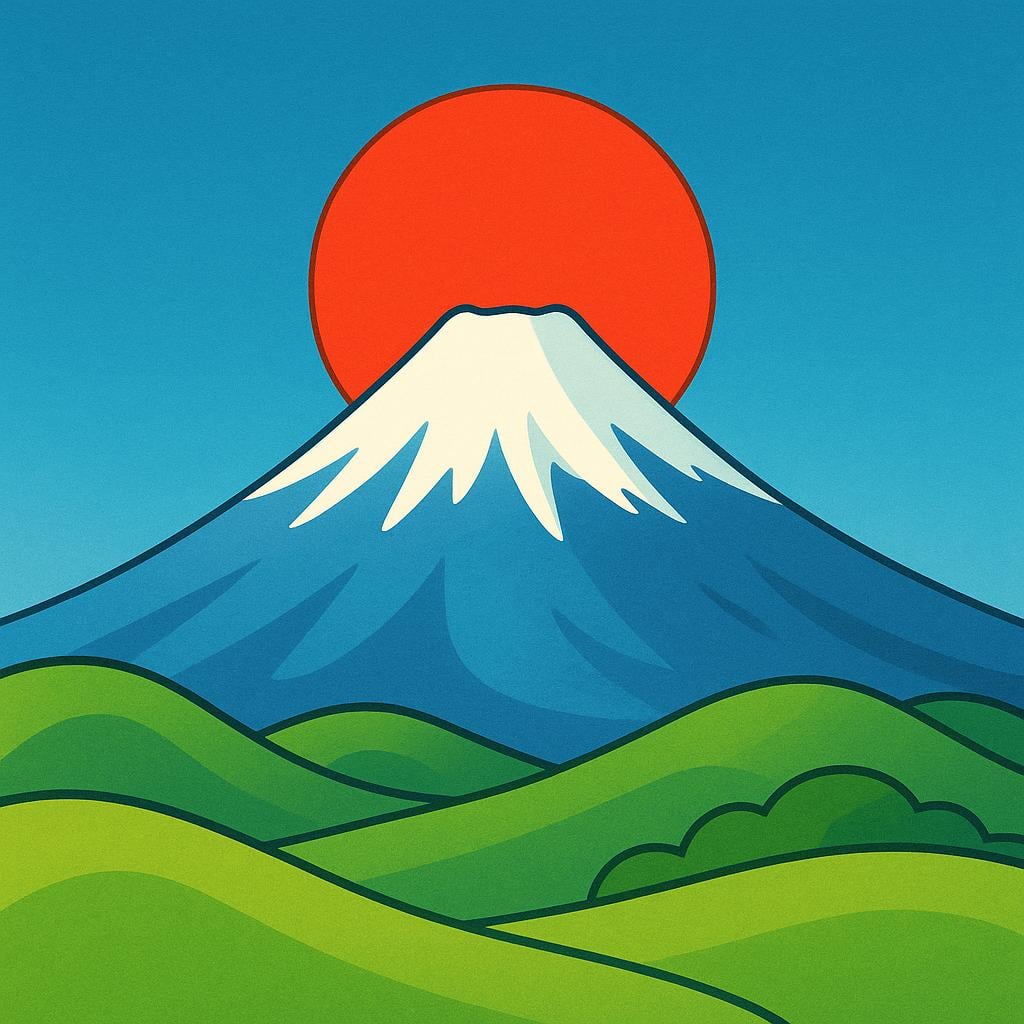 A stylized illustration of Mount Fuji, snow-capped, set against a sky featuring a prominent red circle representing the rising sun.