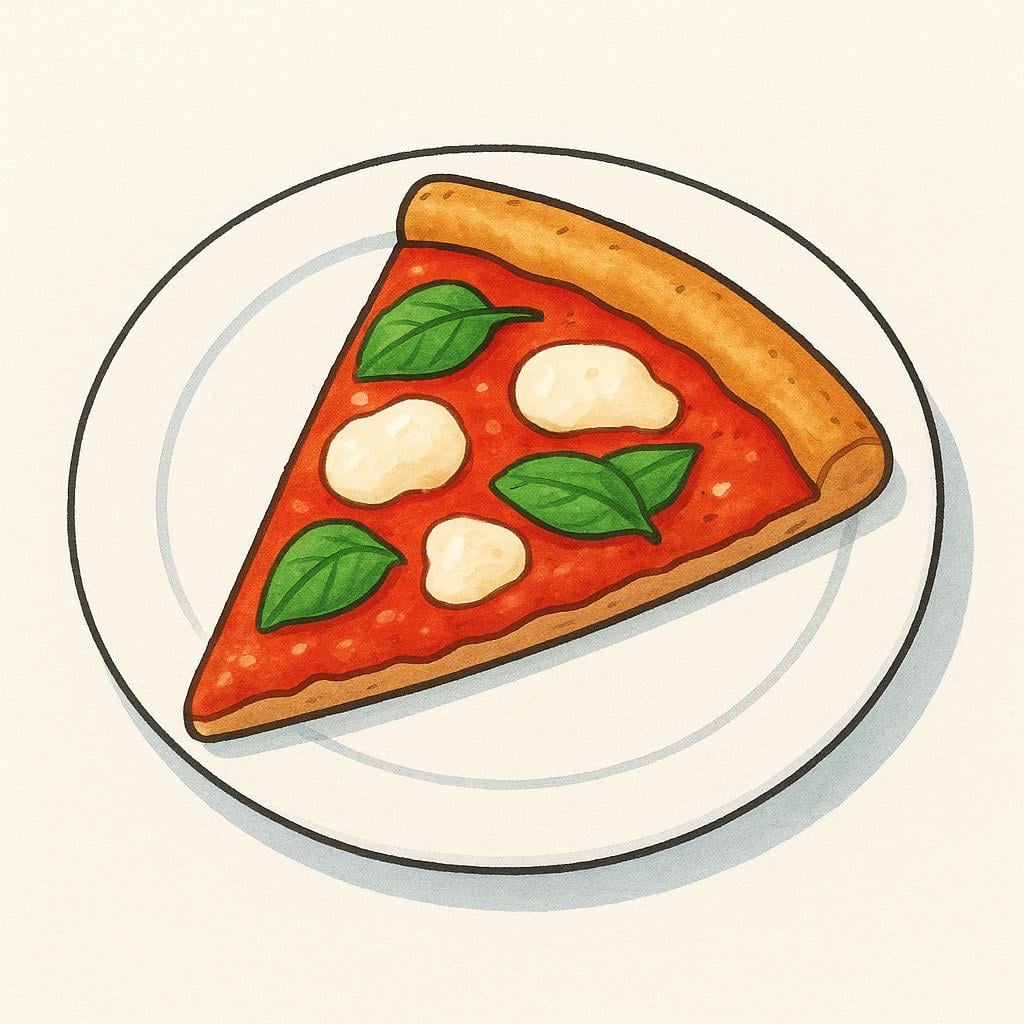 A close-up illustration of a single slice of pizza Margherita topped with fresh basil, white mozzarella, and red tomato sauce, resting on a white plate.