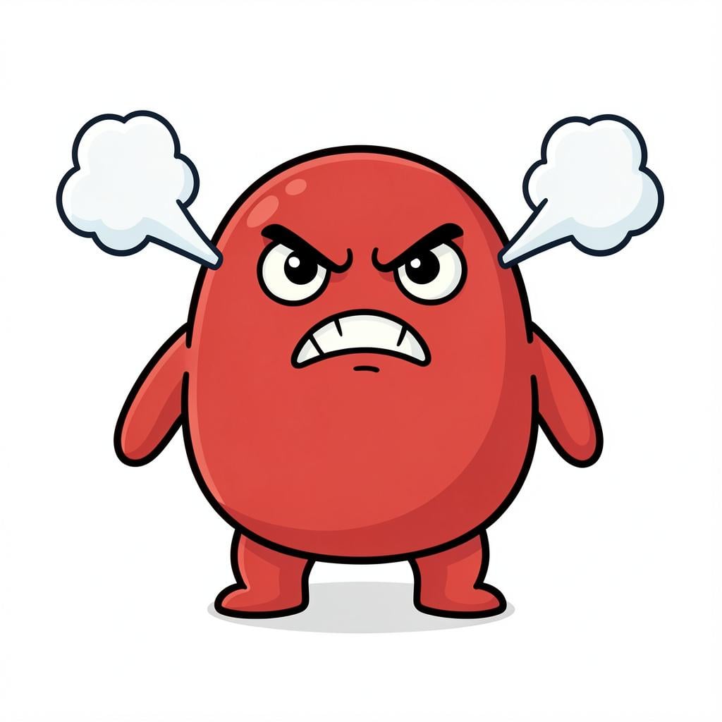 A small red monster with steam coming out of its ears and a grumpy facial expression.