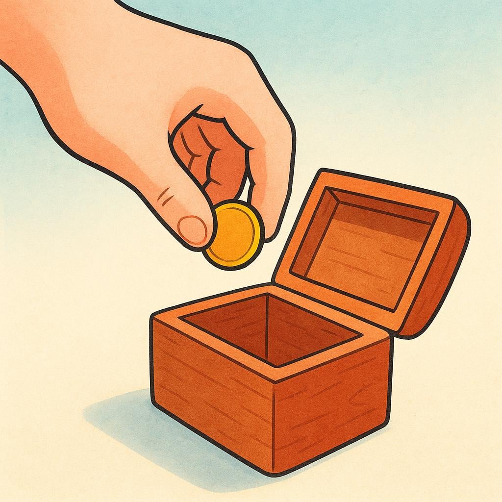 A close-up illustration of a hand dropping a single coin into a small, open wooden box.