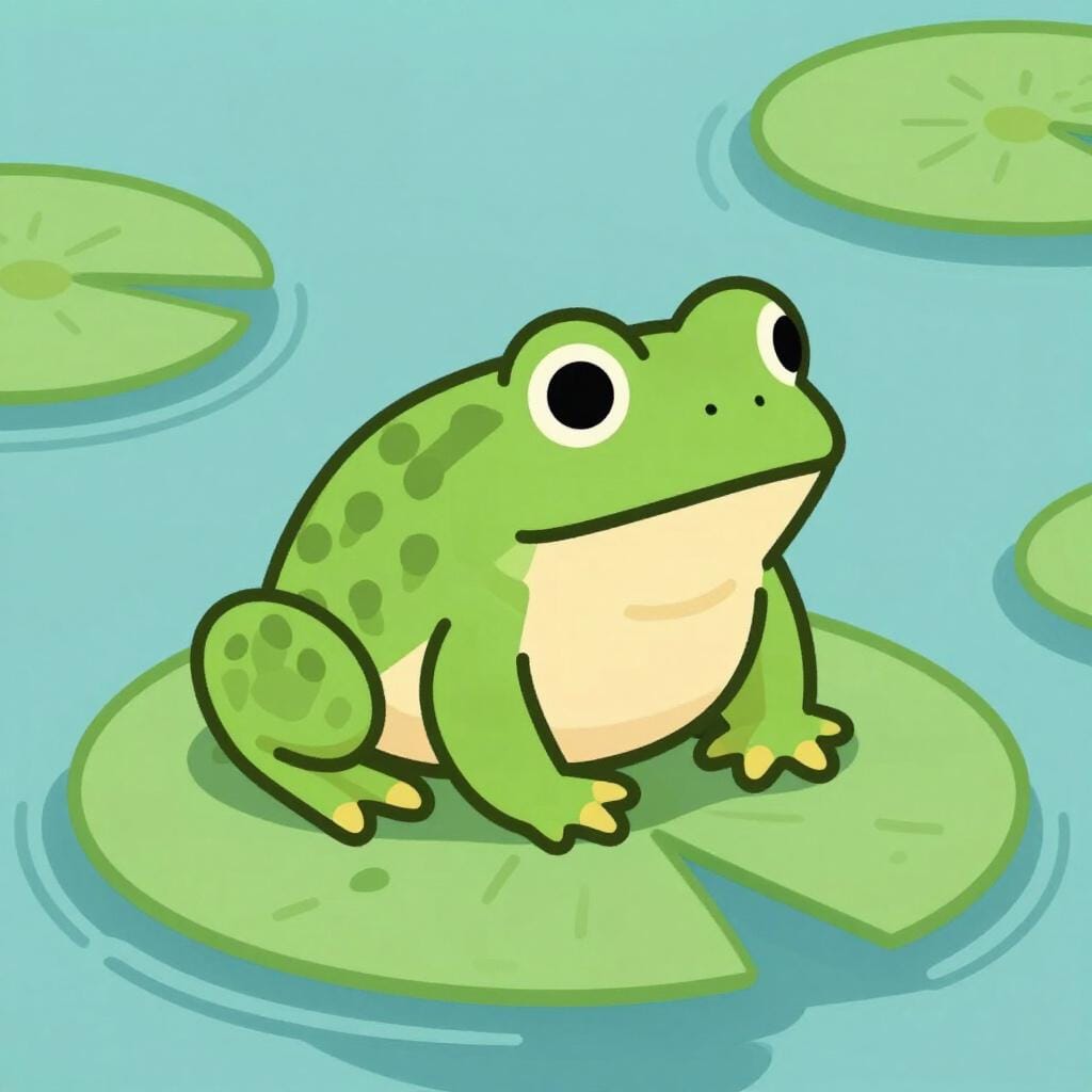 A green and brown bumpy-skinned toad sitting on a large lily pad in a pond.