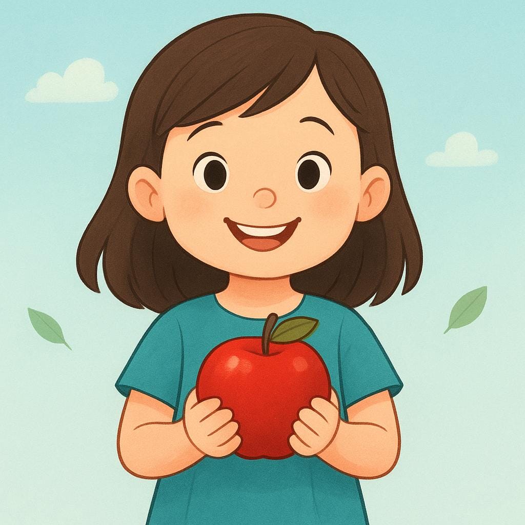 A smiling cartoon girl holding a single perfect red apple firmly in both hands, illustrating the concept of possession.