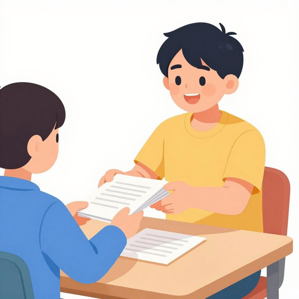 A person handing a stack of written papers to an editor at a desk.