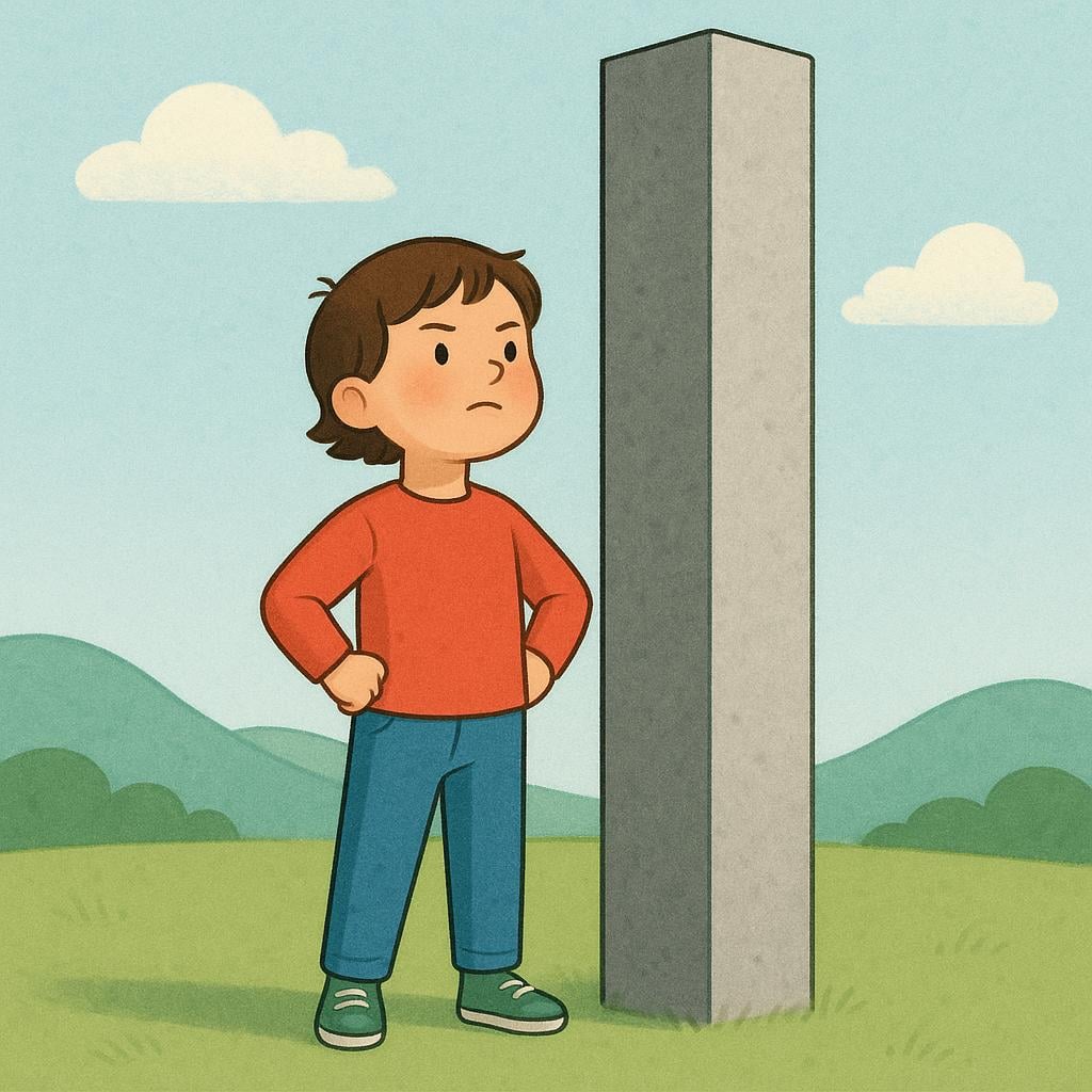A simple illustration showing a child standing confidently next to a tall, unshakeable stone pillar, symbolizing strong moral character and integrity.