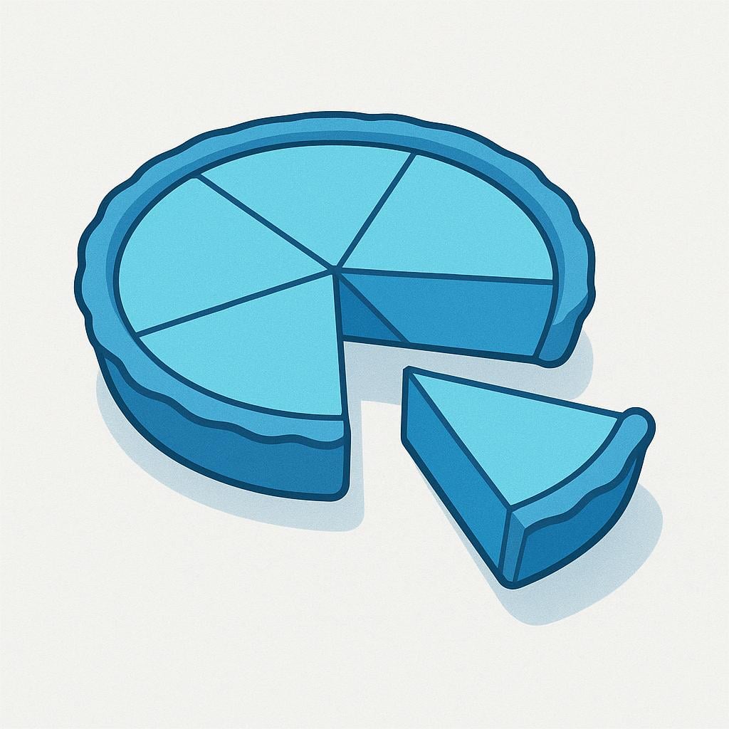 A round, blue pie is cut into five equal slices, with one single slice slightly separated from the rest of the pie.