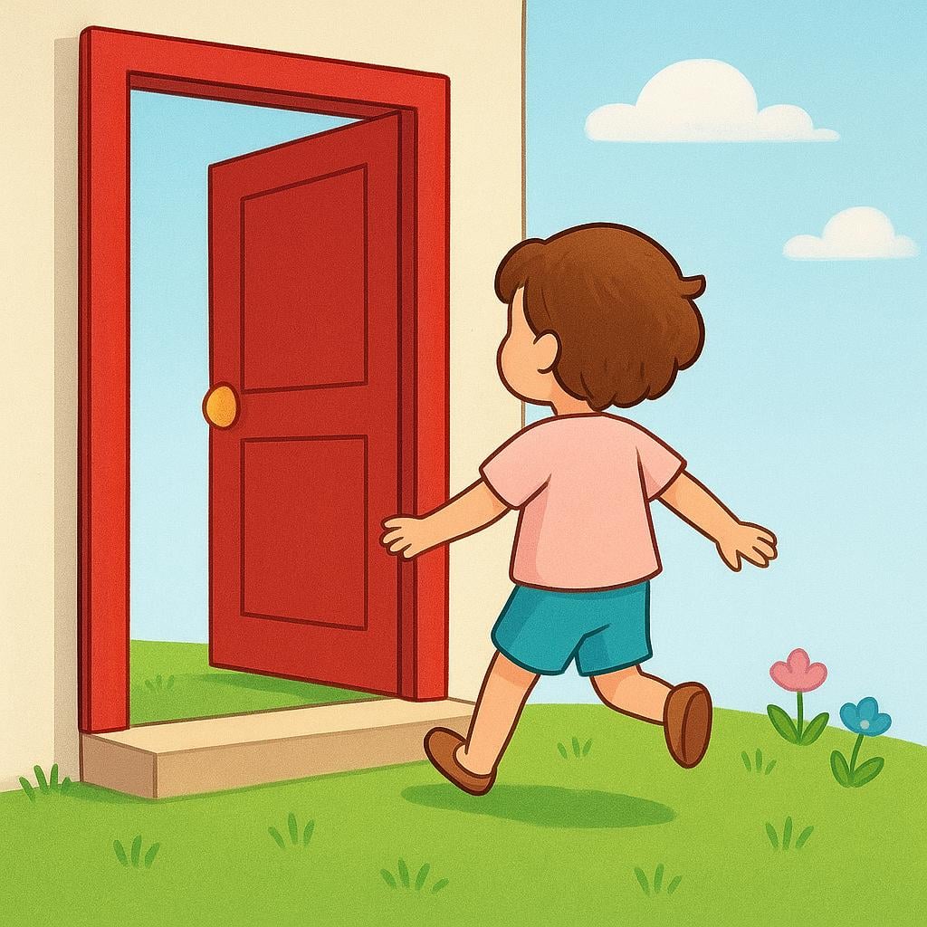 Eine einfache Bilderbuchillustration einer jungen Figur, die fröhlich aus einer leuchtend farbigen Tür auf einen grünen Rasen tritt und damit den Aufbruch symbolisiert.
