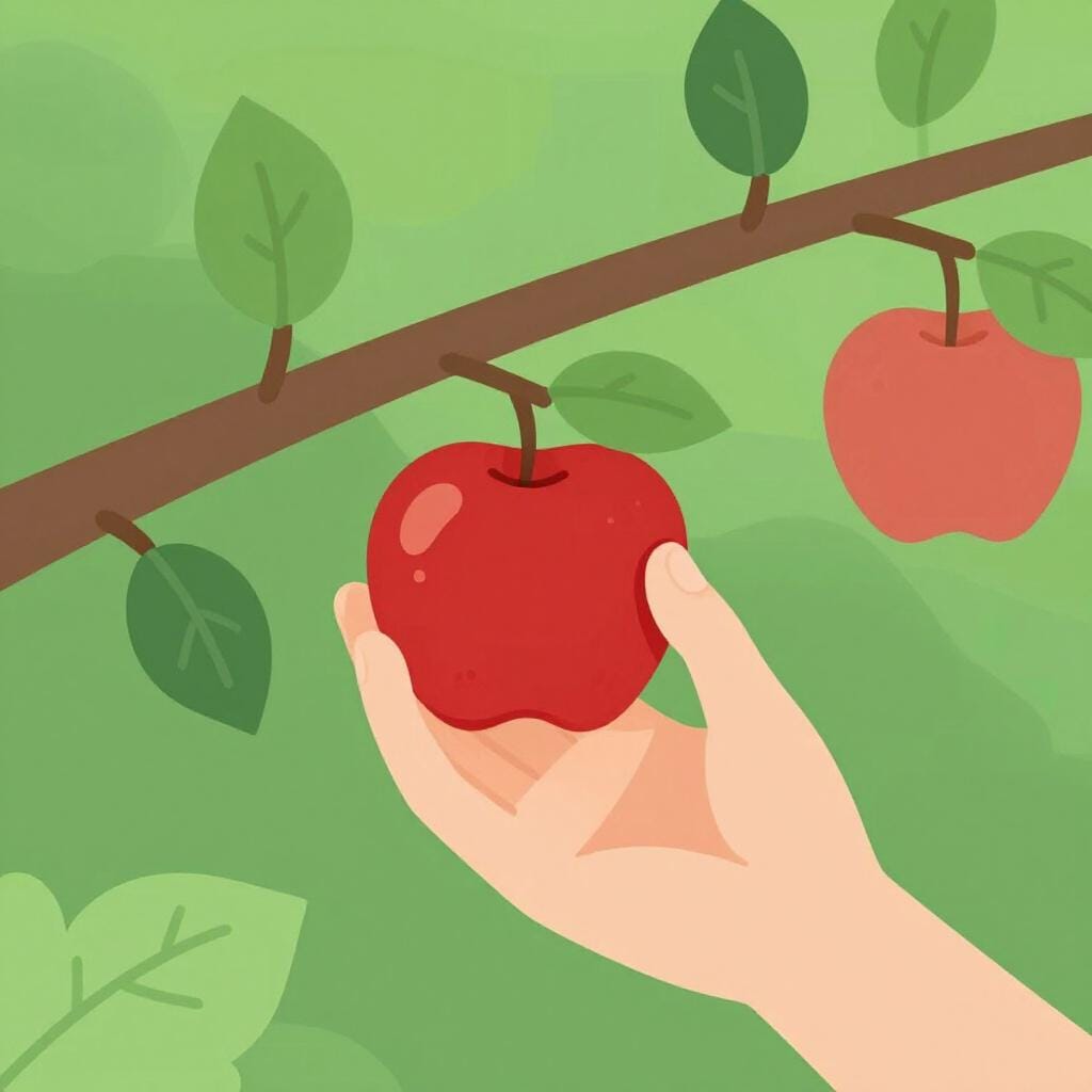 A person reaching up and successfully picking a bright red apple from a leafy green tree branch.