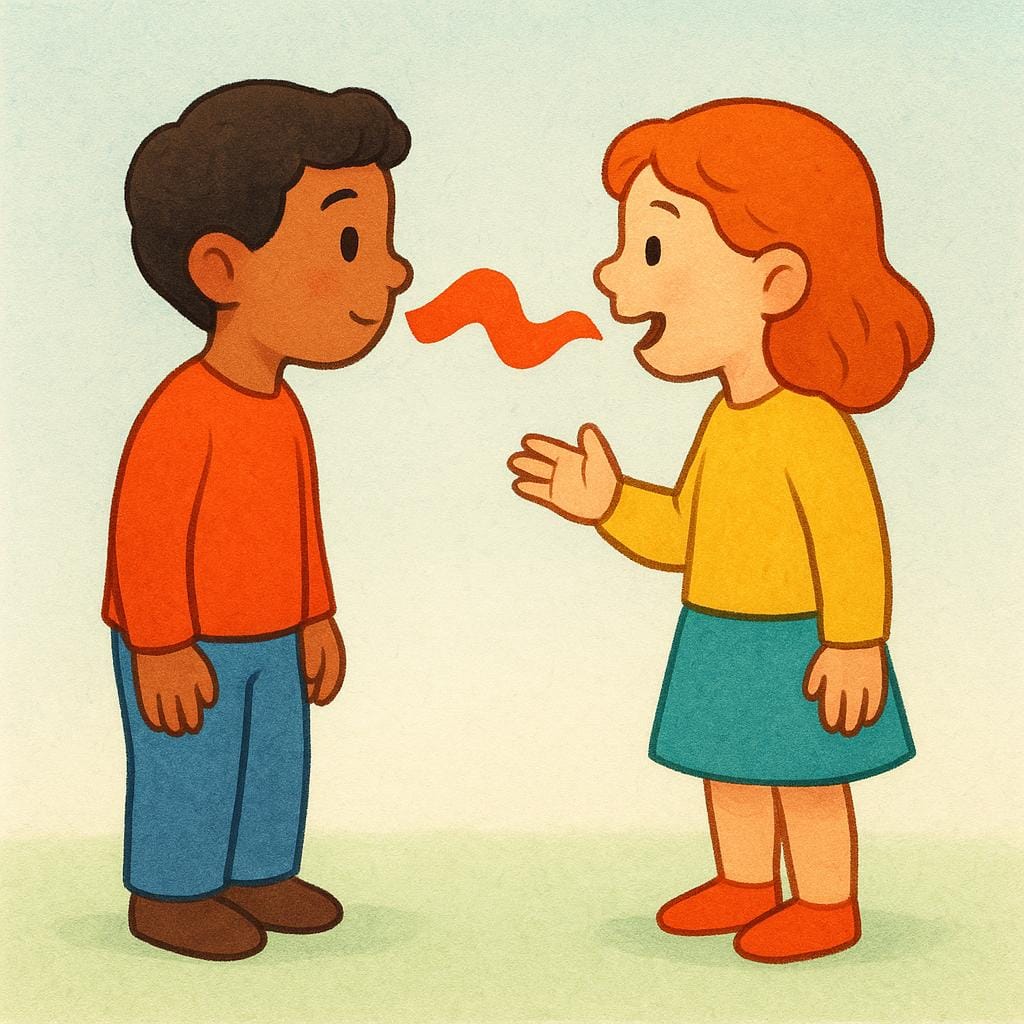 A simple colorful illustration showing two stylized characters facing each other. One character is standing expectantly, and the second character is clearly speaking, with a solid, colorful sound wave emanating from their mouth towards the first character, illustrating a response.