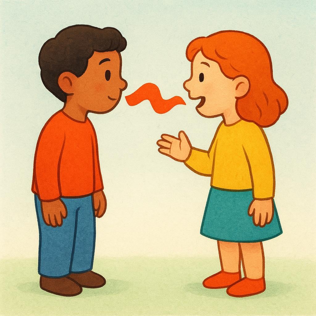 A simple colorful illustration showing two stylized characters facing each other. One character is standing expectantly, and the second character is clearly speaking, with a solid, colorful sound wave emanating from their mouth towards the first character, illustrating a response.