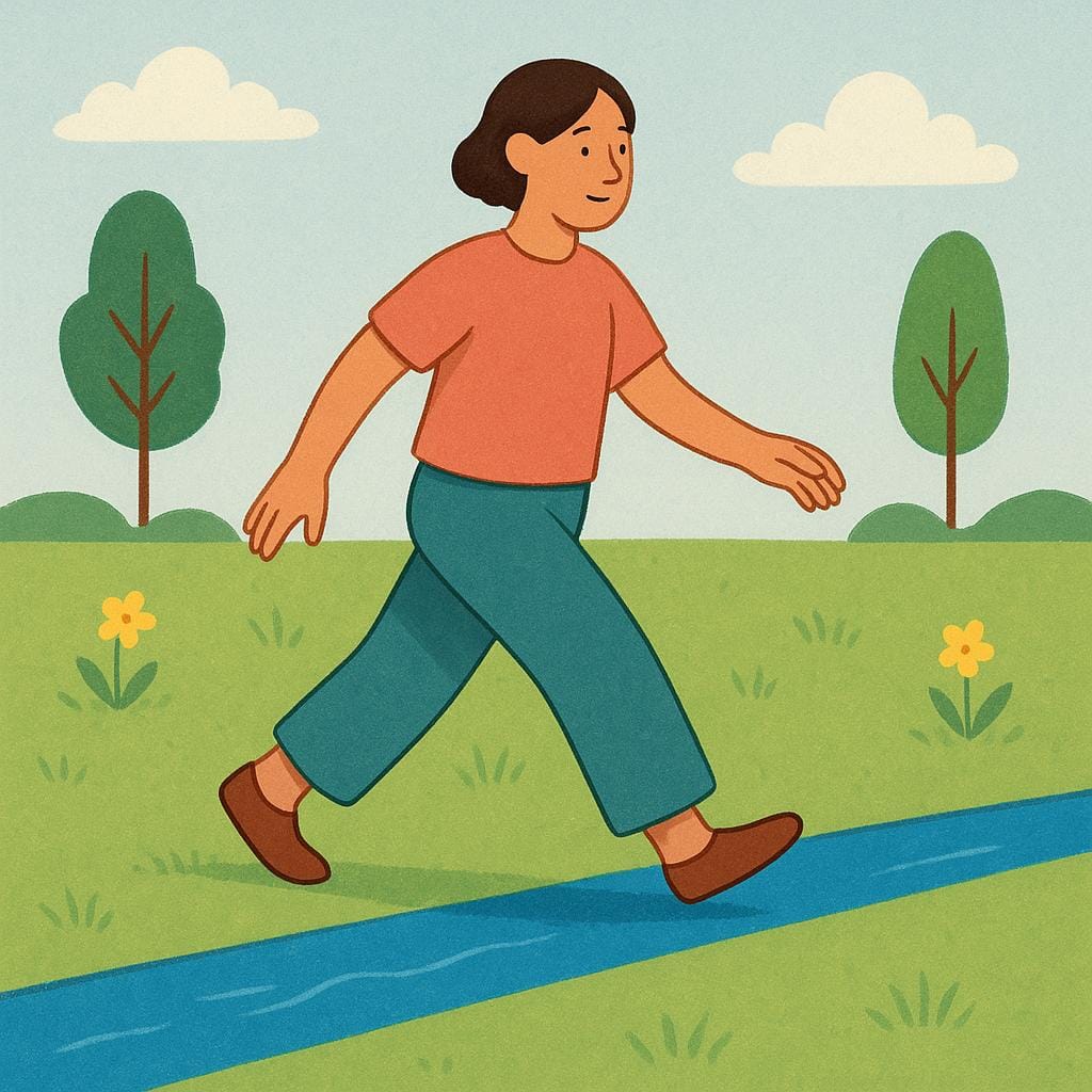 Uma pessoa no meio do passo, atravessando um pequeno riacho ou caminho claro marcado no chão, ilustrando a ação de cruzar.