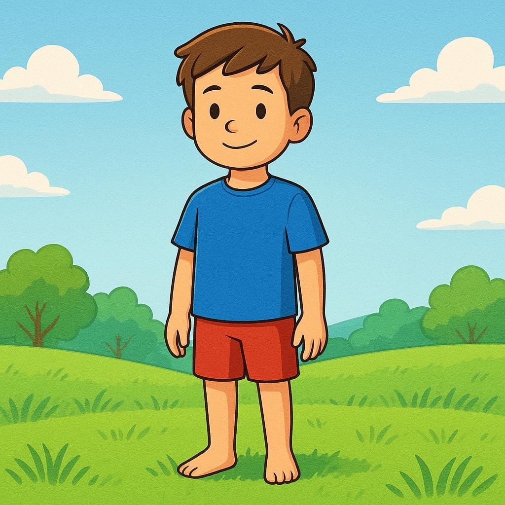 A smiling young boy, approximately ten years old, with short brown hair, standing in a sunny green field.