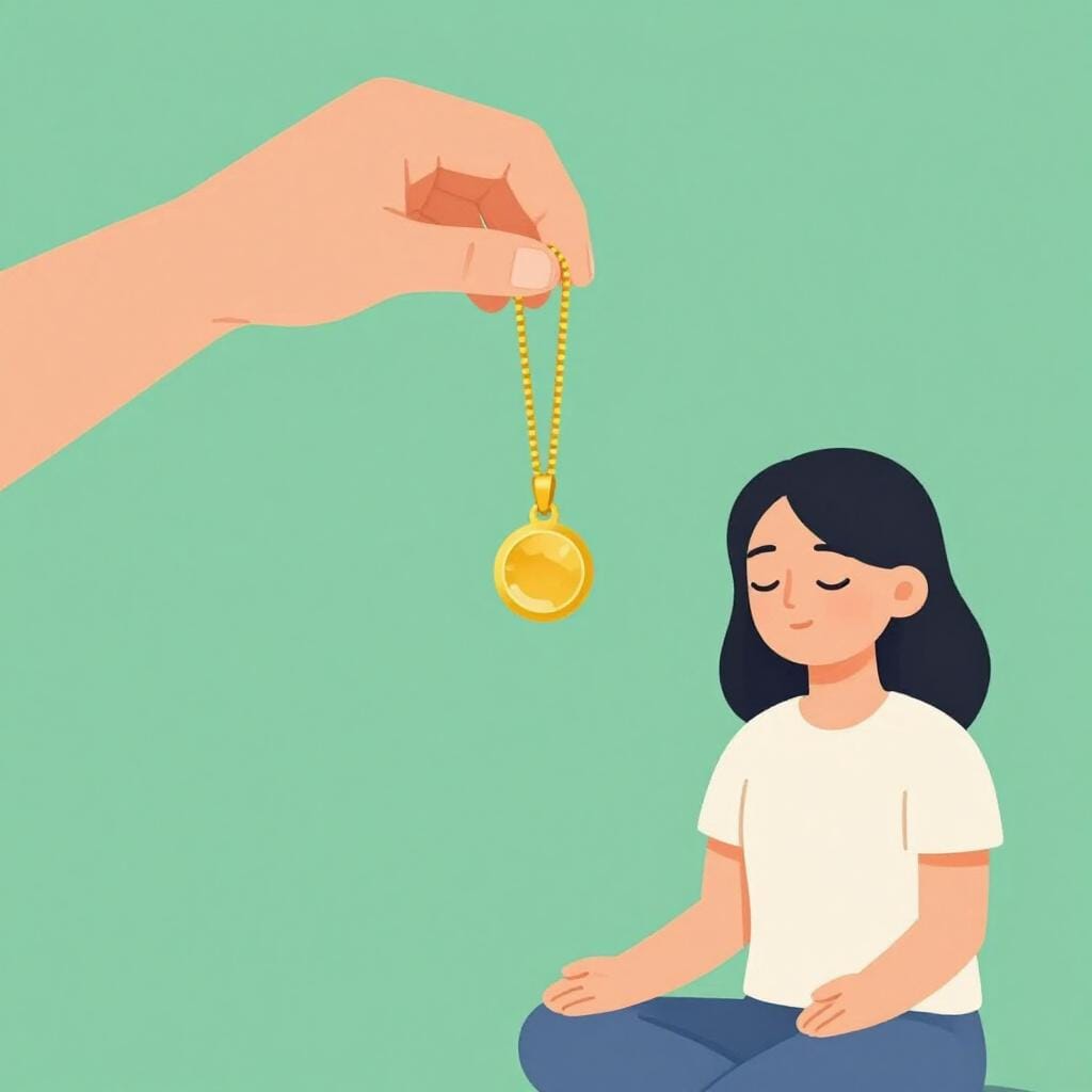 Una persona che tiene un orologio da tasca dorato oscillante davanti a un'altra persona rilassata con gli occhi chiusi in un tranquillo stato di trance.