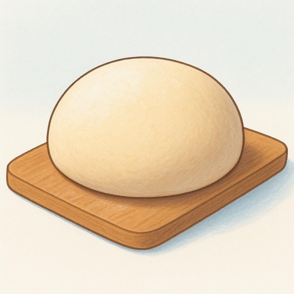 A smooth, round ball of raw bread dough sitting on a wooden surface, ready for baking.