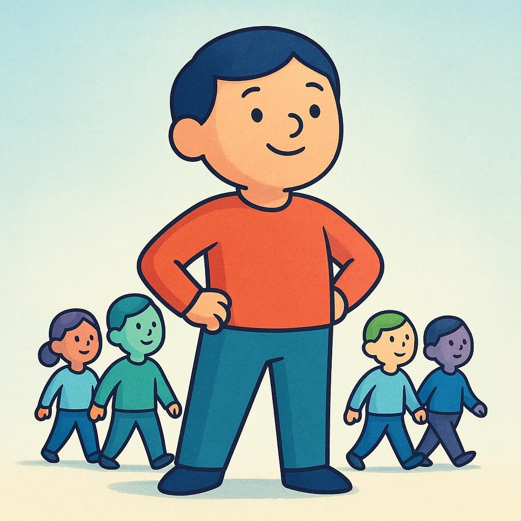 A storybook illustration showing a tall figure walking in front, with several smaller figures following in a line behind them, demonstrating leadership.