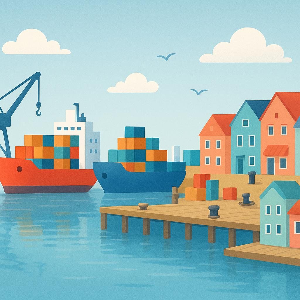 A wide view of a calm blue harbor showing several large ships docked next to a row of colorful seaside buildings, illustrating a port.