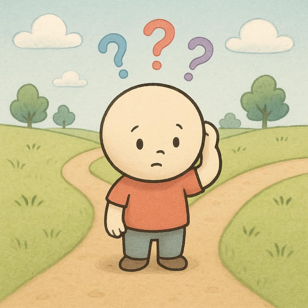 A confused character standing at a fork in the road, unsure which way to go, illustrating the feeling of having doubts or uncertainties.