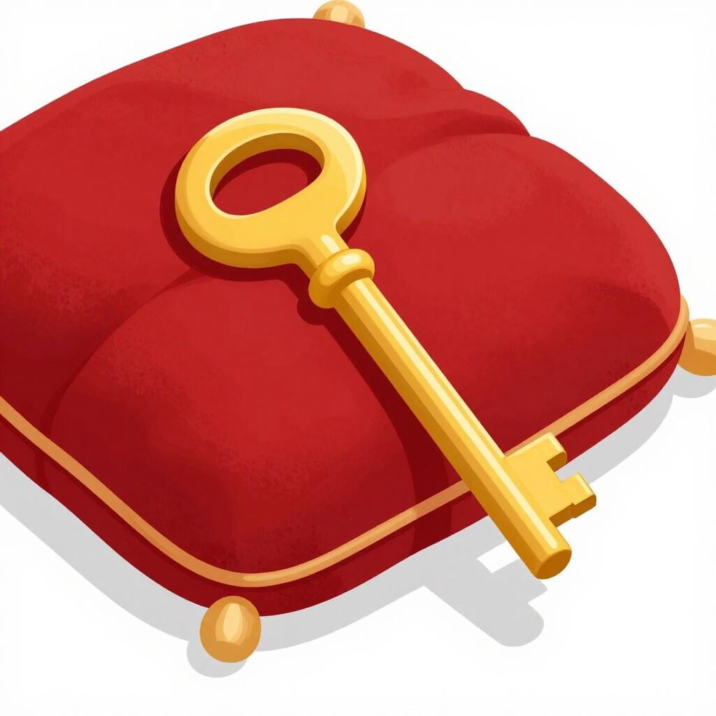 A small golden key sitting on a red velvet cushion.