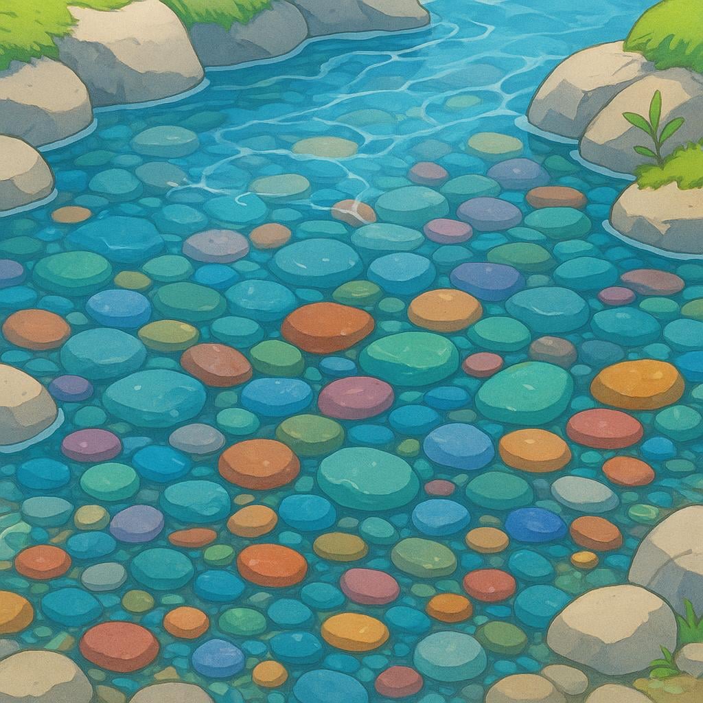 An illustration of a crystal-clear mountain stream where every detail of the colorful pebbles resting on the bottom is easily discernible.