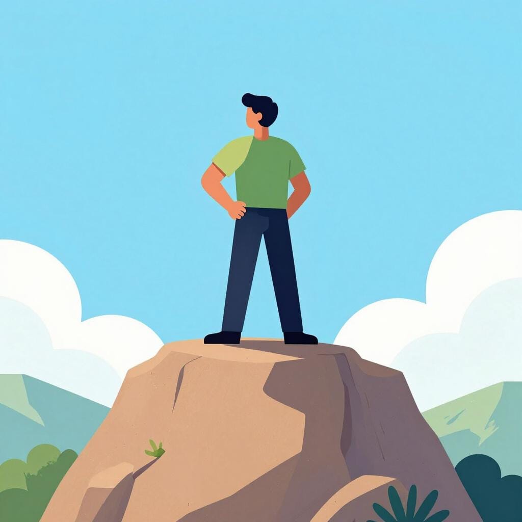 Une personne forte se tenant droite et solidaire comme le sommet d'une montagne solide dans un paysage lumineux.