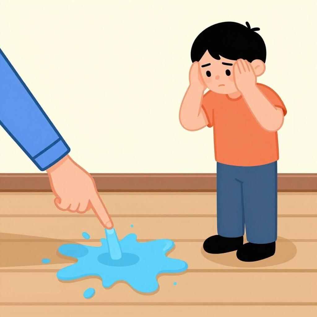 A person pointing at a spilled puddle of water on the floor while another person shakes their head and gestures no.