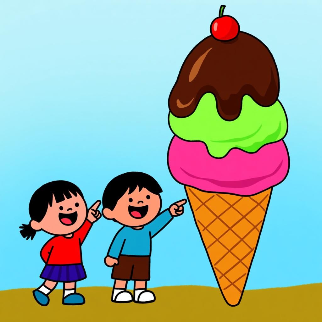 Two happy children standing together, pointing excitedly at a large, colorful chocolate ice cream cone, illustrating a shared desire.